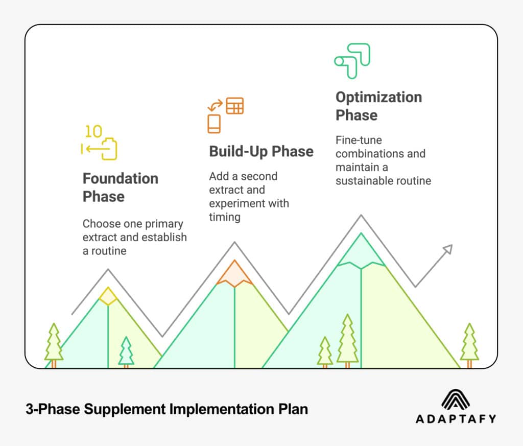 Mountain graph illustration showing three-phase supplement implementation plan: Foundation Phase, Build-Up Phase, and Optimization Phase, with progressive steps and icons for each stage