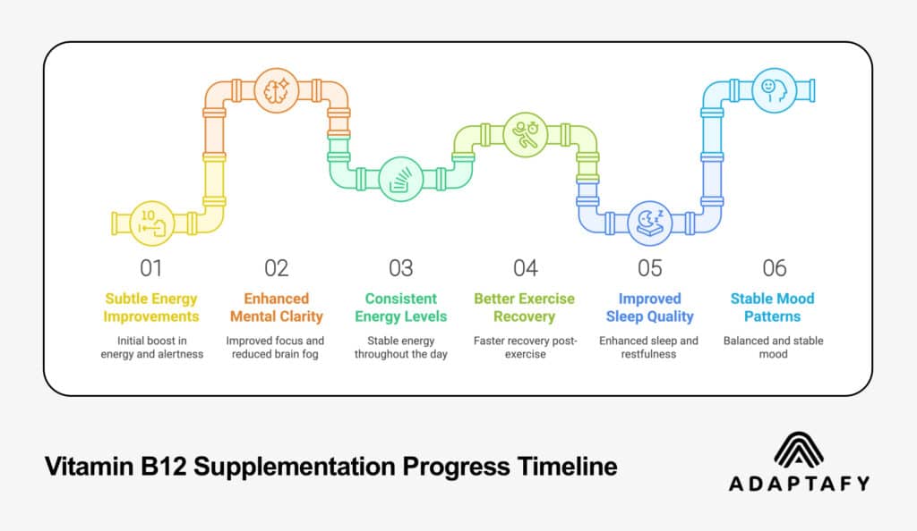 Pipeline-style timeline showing six stages of B12 supplementation progress from initial energy improvements to stable mood patterns, with colored icons and descriptions for each stage | By Adaptafy