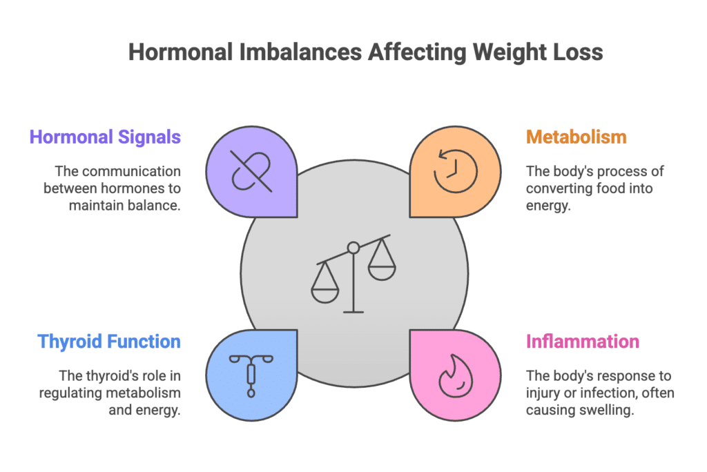 A diagram of 4 factors contributing to hormone balances overlayed on a scale. Factors include Hormonal Signals, Metabolism, Thyroid Function, and Inflammation. By Adaptafy