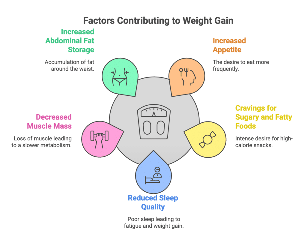 A diagram of 5 factors contributing to weight gain overlayed on a scale.  Factors include increased abdominal fat storage, increased appetite, cravings for sugary or fatty foods, reduced sleep quality, decreased muscle mass. 