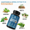 Image represents an Adapta PM bottle, a Total Male Sleep Aid, developed by Adaptafy. Infographic shows supplement includes key Adaptogens and Herbal extracts that benefit mens health.
