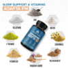 Image represents an Adapta PM bottle, a Total Male Sleep Aid, developed by Adaptafy. Infographic shows supplement includes key Natural Sleep Aids and Vitamins that benefit mens health.