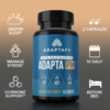 Image shows a main image of Adapta PM, a total male sleep aid, developed by Adaptafy. Infographic has 3 icons on the left for Deeper Sleep, Manage Stress, and Hormone Support; and 3 icons on the right for 2x capsules, 1x daily, and Before Bed.