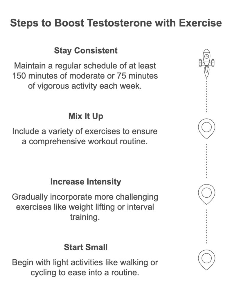 Illustration on how regular exercise boosts testosterone: Engaging in physical activity like strength training and HIIT prompts the brain to release luteinizing hormone, which increases testosterone production in the testes. A study from Endocrine Journal highlighted that 12 weeks of HIIT significantly raised testosterone levels. Tips for incorporating exercise include starting small with activities like walking, gradually increasing intensity with weight lifting, mixing various exercises for a well-rounded routine, and consistently aiming for 150 minutes of moderate or 75 minutes of vigorous activity weekly.