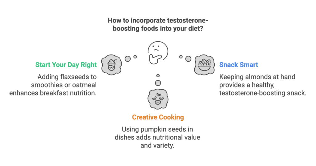 An infographic highlighting natural ways to higher testosterone by ensuring the body gets enough zinc and magnesium: Start your day right by adding flaxseeds to your morning smoothie or oatmeal; snack smart with a bag of almonds at your desk; and get creative in the kitchen by tossing pumpkin seeds into stir-fries or homemade granola bars. Emphasizing foods rich in these vital nutrients supports both testosterone levels and overall well-being.