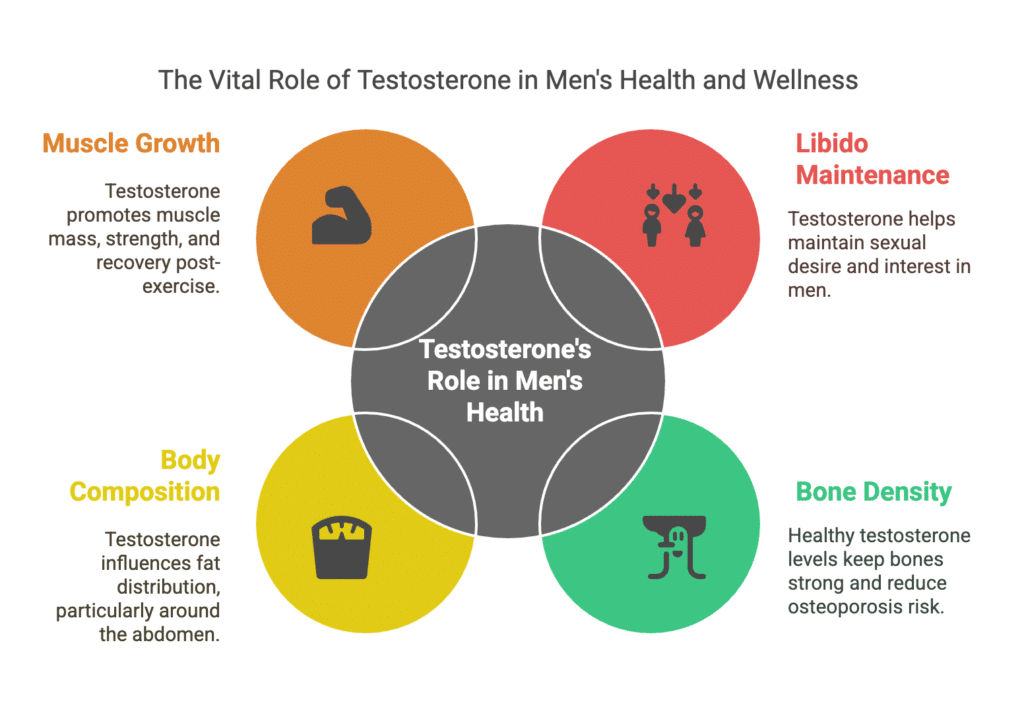 Illustration depicting the diverse roles of testosterone in men's health: 1) Fueling sex drive, as testosterone is crucial for maintaining libido, with a decrease leading to reduced sexual interest; 2) Maintaining bone density, where adequate testosterone levels help keep bones strong and dense, lowering osteoporosis risk; 3) Influencing body composition by controlling fat distribution, explaining why men often accumulate fat around the abdomen; and 4) Promoting muscle growth by aiding in the increase of muscle mass and strength, and enhancing muscle recovery post-exercise.