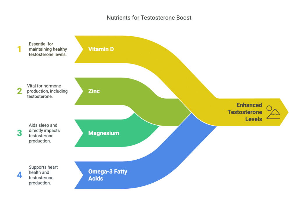 A Chart of 4 elements pointing towards Enhanced Testosterone Levels. 4 core elements of Vitamin D, Zinc, Magnesium and Omega-3 Fatty Acids.