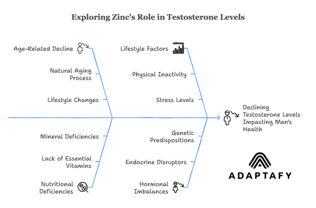 Fishbone diagram illustrating factors affecting men's health, focusing on how zinc can influence testosterone levels, impacting muscle mass, mood stability, and libido.