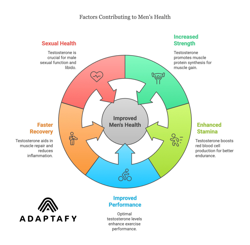 Circular diagram highlighting the benefits of testosterone on men's health: Increased Strength (muscle protein synthesis and strength gains), Enhanced Stamina (better oxygen delivery and endurance), Improved Exercise Performance (higher energy and drive for activities), Faster Recovery (support for muscle repair and reduced inflammation), and Sexual Health (influence on libido and sexual function).