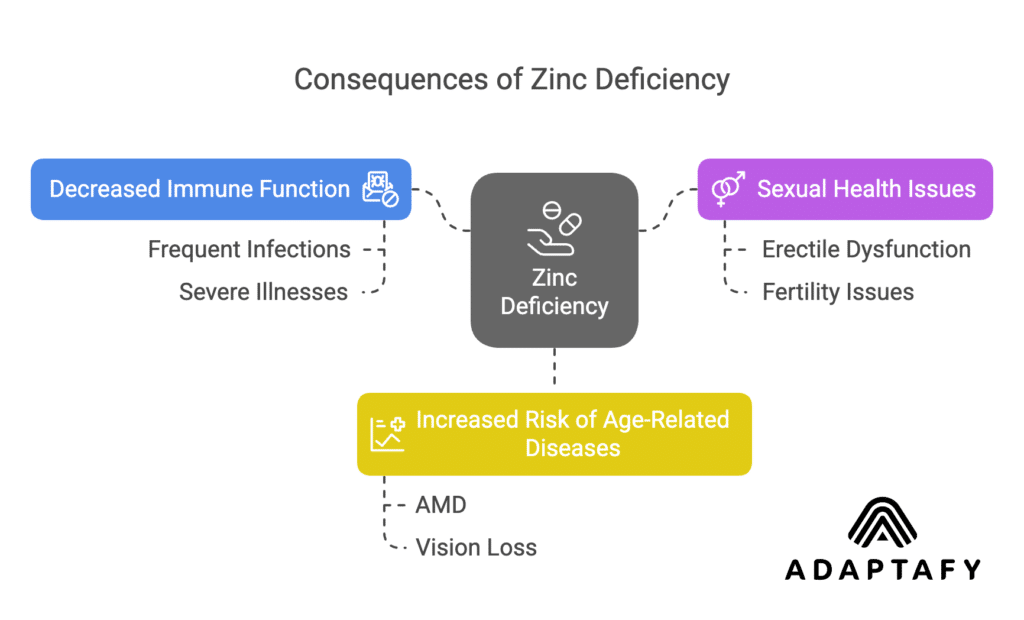 Diagram showing zinc deficiency effects: decreased immunity, sexual health issues, and increased risk of age-related diseases.