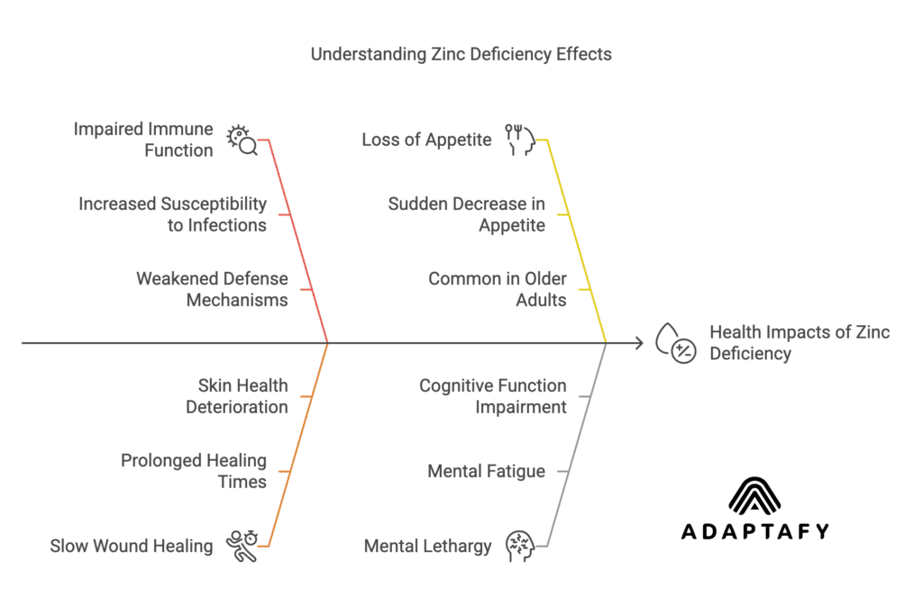 Diagram showing the effects of zinc deficiency: weakened immune function, slow wound healing, loss of appetite, and mental lethargy.