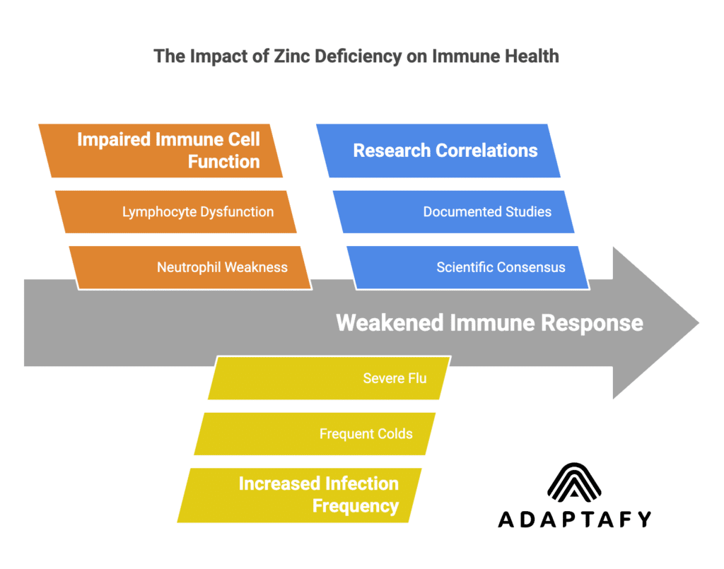 Diagram illustrating the impact of zinc deficiency on the immune system. Section 1: Immune Cell Function - Immune cells represented as elite soldiers. Lack of zinc visualized as removing their armor, leaving neutrophils, lymphocytes, and natural killer cells weakened and unable to effectively fight pathogens. Section 2: Frequency and Severity of Infections - Illustration of colds and flu viruses thriving due to zinc deficiency, showing increased frequency and severity of infections as the immune system struggles to keep up. Section 3: Research Insights - Images or icons of research studies and graphs showing the strong correlation between low zinc levels and a weakened immune response, highlighting the increased risk of infections and compromised immune cell function.