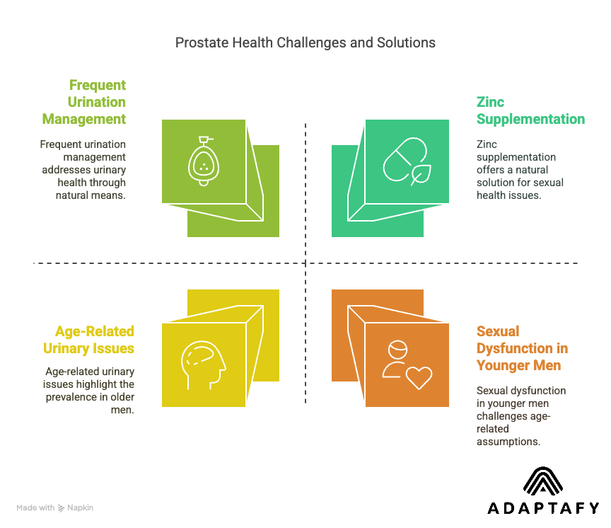 Diagram showing key impacts of prostate problems: frequent urination, sexual health issues, affects men of all ages, and potential relief with zinc supplements.