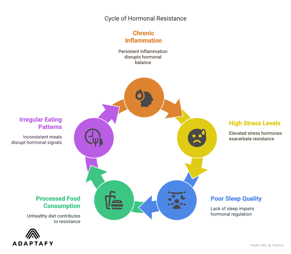 Can Hormones Affect Weight Loss? The Surprising Truth 3 Diagram of factors affecting health: chronic inflammation, high stress, poor sleep quality, processed food consumption, and irregular eating patterns. Can Hormones Affect Weight Loss article by ADAPTAFY.