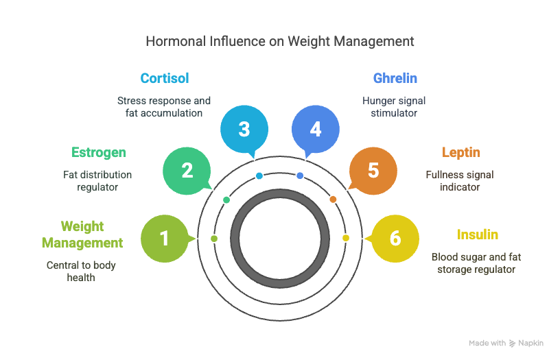 Can Hormones Affect Weight Loss? The Surprising Truth 1 Diagram of key hormones influencing weight: insulin regulates blood sugar, leptin signals fullness, ghrelin triggers hunger, cortisol affects belly fat, estrogen determines fat distribution. Can Hormones Affect Weight Loss article by Adaptafy