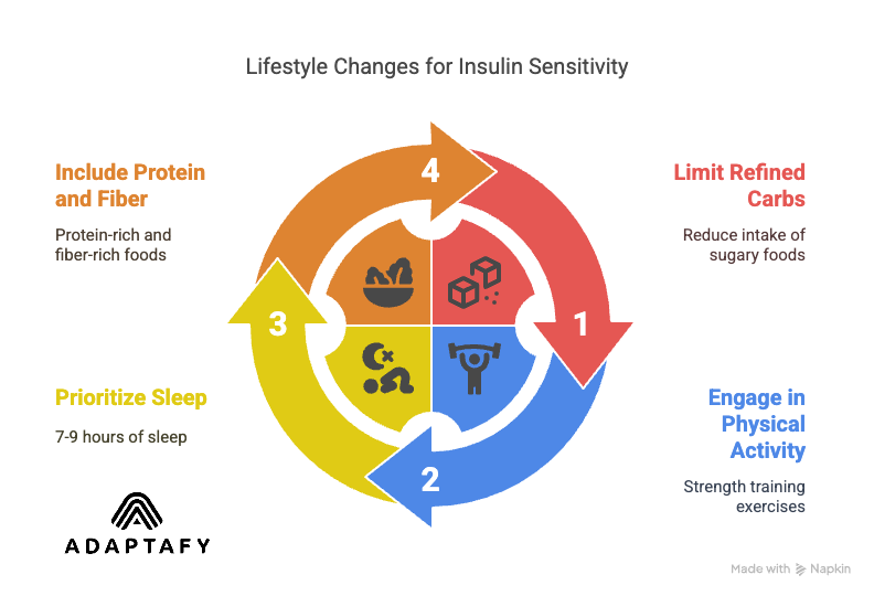 Can Hormones Affect Weight Loss? The Surprising Truth 2 Diagram of lifestyle changes to improve insulin sensitivity: limit refined carbs, exercise regularly, get 7-9 hours of sleep, and eat protein-rich and fiber-rich foods. Can Hormones Affect Weight Loss article by ADAPTAFY