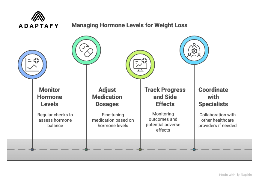 Can Hormones Affect Weight Loss? The Surprising Truth 4 Icons showing steps: monitor hormone levels, adjust medication, track progress and side effects, and coordinate with specialists as needed. Can Hormones Affect Weight Loss article by ADAPTAFY.