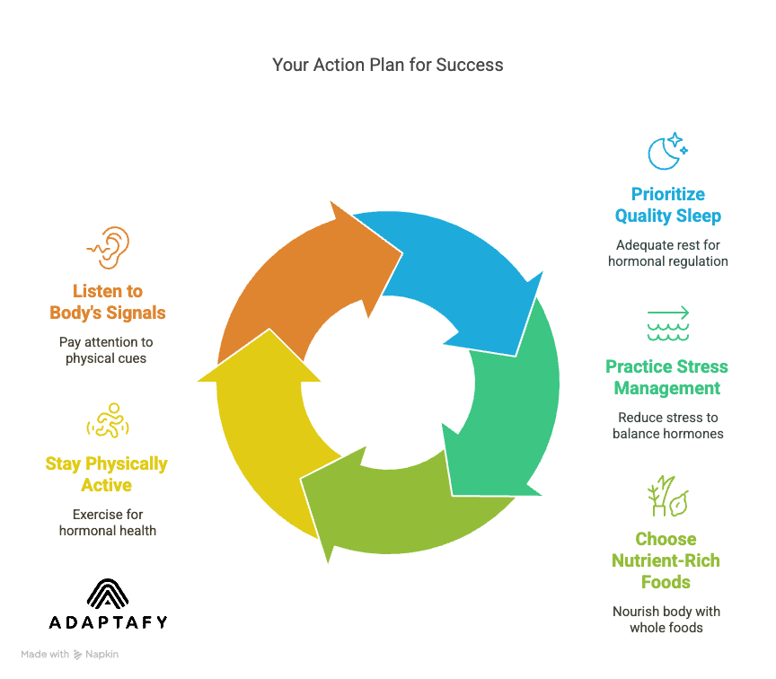 Can Hormones Affect Weight Loss? The Surprising Truth 5 Circular Diagram illustrating self-care: prioritize good sleep, manage stress, eat whole foods, stay active, and listen to your body's signals. Can Hormones Affect Weight Loss article by ADAPTAFY.