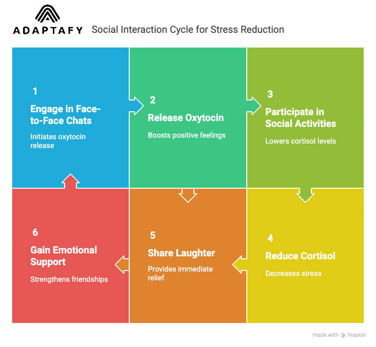 Surprising Healthy Ways to Reduce Stress That You Haven't Tried 3 Diagram: Quality connections reduce stress: face-to-face chats release oxytocin, social activities lower cortisol, shared laughter eases anxiety, and real-world friendships offer support. Healthy Ways to Reduce Stress article.