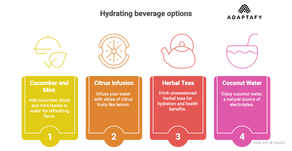 Diet for High Cortisol: How Dads Can Combat Weight Gain 7 Diagram with hydration tips: add cucumber and mint, infuse with citrus fruits, drink herbal teas, and enjoy coconut water for electrolytes. Diet for High Cortisol Article