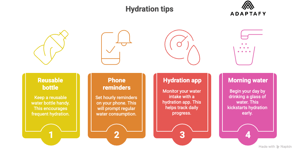 Diet for High Cortisol: How Dads Can Combat Weight Gain 6 Diagram with hydration tips: use a reusable water bottle, set reminders, track intake with an app, and start your day with a glass of water. Diet for High Cortisol article.