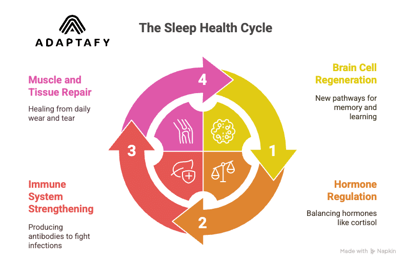 Good Sleep Health: A Dad’s Guide to Staying Sharp, Calm, and Healthy 2 Diagram showing how sleep supports brain cell regeneration, hormone balance, immune strength, and muscle repair for overall physical and mental function. Good sleep health article for men by Adaptafy.