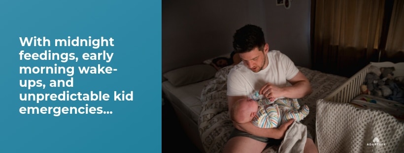 Good Sleep Health: A Dad’s Guide to Staying Sharp, Calm, and Healthy 4 Young dad feeding baby a bottle late at night next to crib. Good Sleep Health article for dads by Adaptafy.