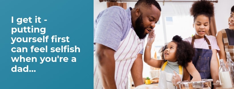 Good Sleep Health: A Dad’s Guide to Staying Sharp, Calm, and Healthy 6 Dad baking with kids and playing with ingredients. Hard to put yourself first with all these responsibilities. Good Sleep Health article for dads by Adaptafy.